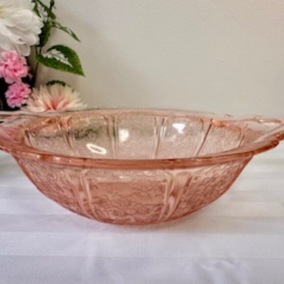 Jeannette Glass Cherry Blossom Depression Glass Bowl Pink Two-Handled Serving - Picture 6 of 6